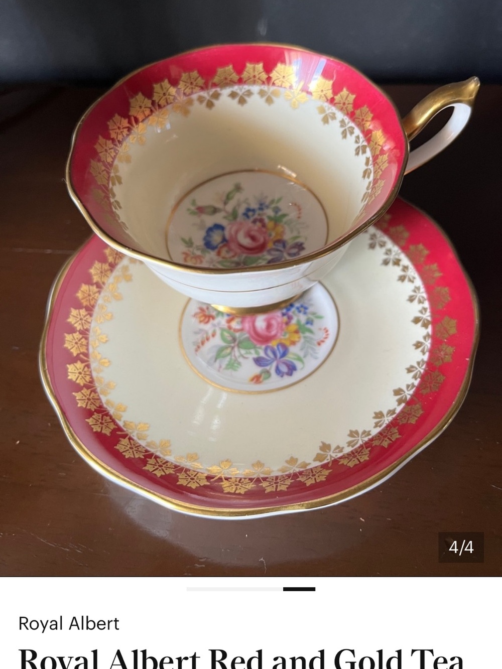 Royal Albert Red, Gold and Cream Floral Teacup with Saucer